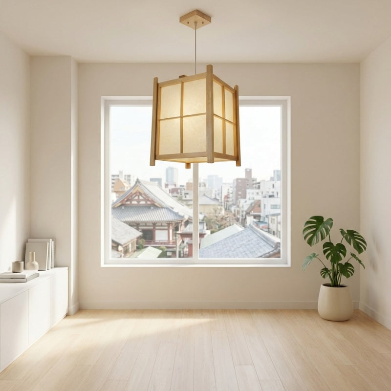 Glowing japanese pendant paper light with traditional lattice design in room overlooking authentic temple rooftops
