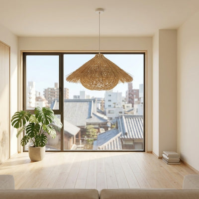 Japanese pendant rattan light with conical woven shade in minimalist living room with floor-to-ceiling window and monstera plant
