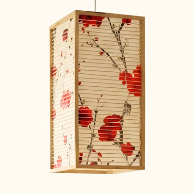 Close up of japanese pendant sakura light showcasing vibrant red cherry blossom artwork on natural wood slats