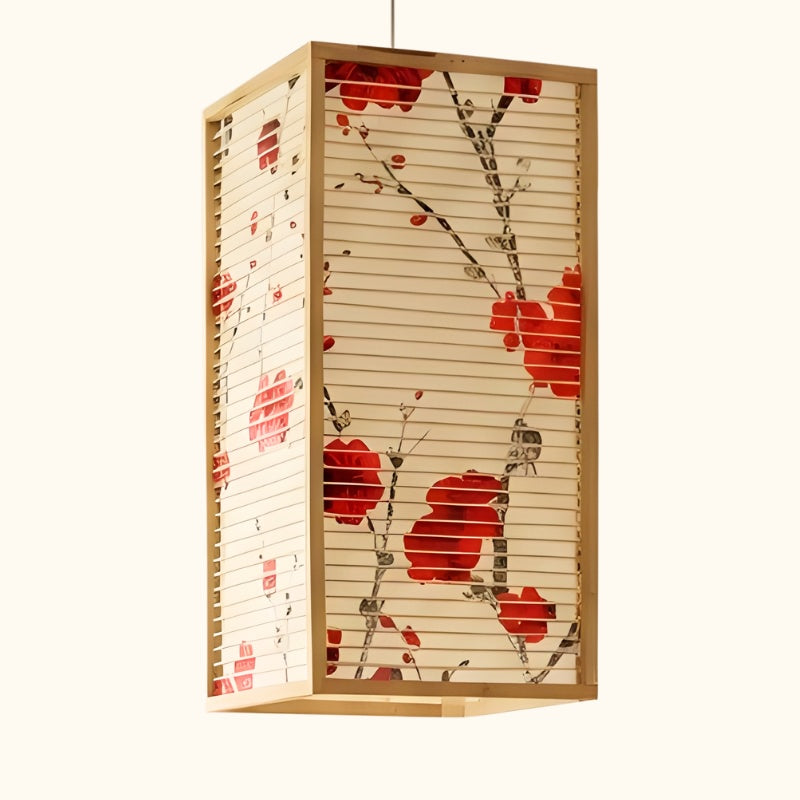 Close up of japanese pendant sakura light showcasing vibrant red cherry blossom artwork on natural wood slats