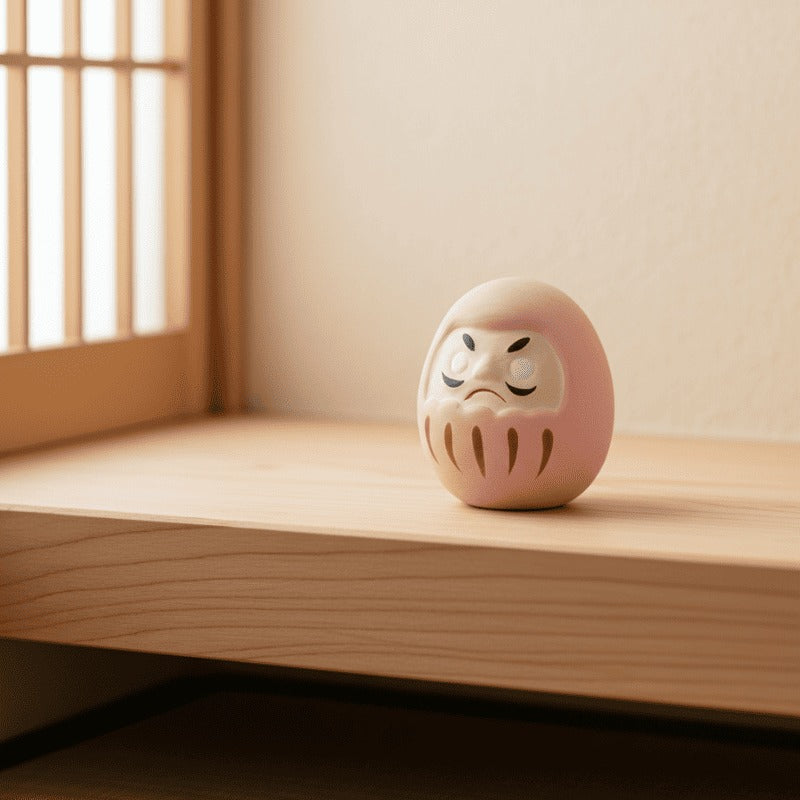Tender japanese pink daruma with blank eyes sitting on wooden shelf beside traditional shoji screen window catching warm afternoon sunlight in peaceful room