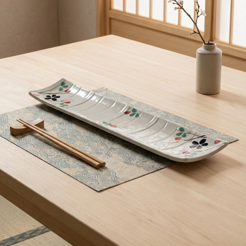 Elegant japanese plate sushi with handpainted floral motifs and wave texture on natural wood table setting