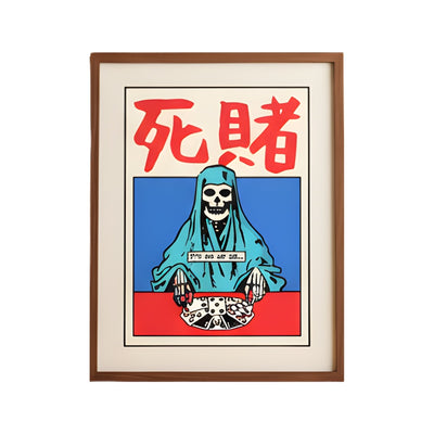 Contemporary japanese poster art death design featuring skeleton gambler with red and blue color blocks in dark wood frame on white background