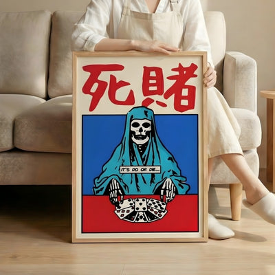 Vintage japanese poster art with skeleton and dice motif held by person in minimalist living room with beige sofa and wooden furniture