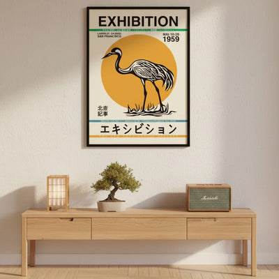 Retro japanese poster crane exhibition design displayed above wooden console with bamboo lamp bonsai tree and vintage radio in serene interior