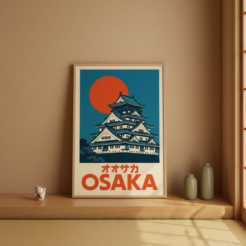 Modern japanese prints art poster with Osaka castle illustration displayed on wooden shelf with maneki neko and ceramic vases near shoji window