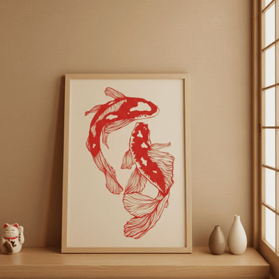 Red koi japanese prints fish poster in wooden frame leaning on shelf near shoji screen with maneki neko and ceramic vases