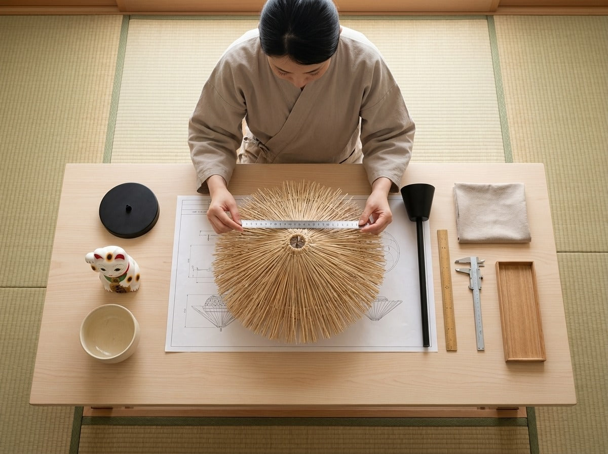 Overhead workshop shot measuring a traditional Japanese rattan pendant light with a radiating straw fringe on a scale blueprint, maneki neko figurine and calipers on the table