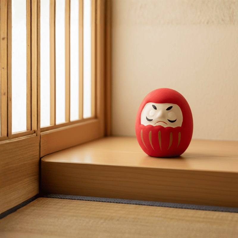 Traditional japanese red daruma with fierce expression sitting on wooden shelf beside shoji screen window catching warm afternoon sunlight in peaceful room