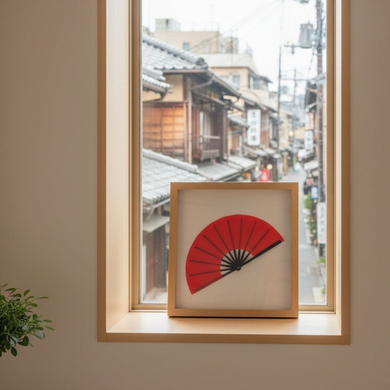 Traditional japanese red fan displayed in wooden frame box on window sill with historic Kyoto street view creating serene composition