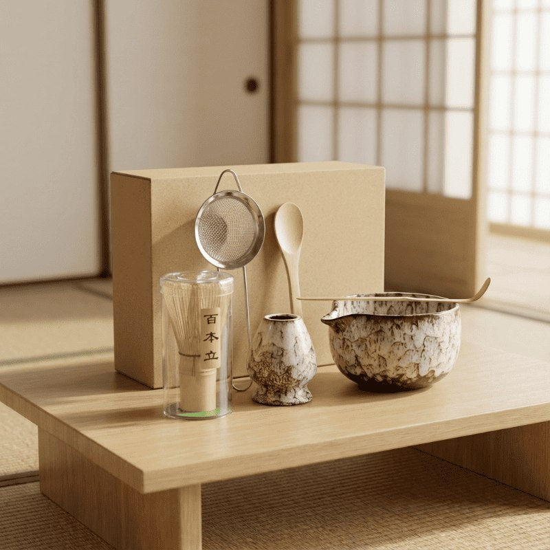 Earthy beige japanese set for matcha with textured ceramic bowl and complete bamboo tools on wooden table near shoji screen