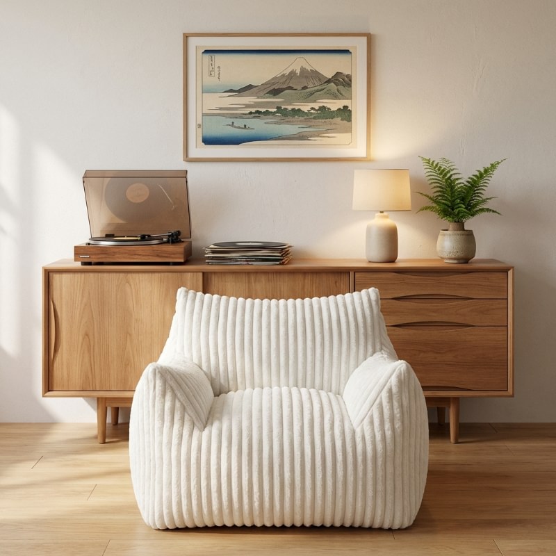 Japanese sofa floor white armchair with corduroy texture beneath Mount Fuji print and wooden credenza with vintage turntable