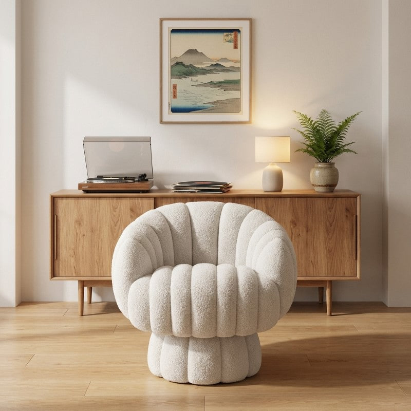 Japanese sofa style with cream bubble texture beneath Mount Fuji print and wooden credenza with vinyl turntable and lamp
