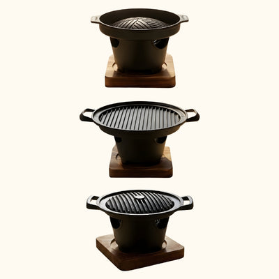 Japanese style barbecue variants showing three angle views of round ceramic grill with ridged plate and wooden bases