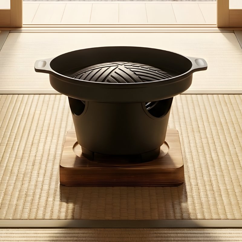 Japanese style barbecue round ceramic cooker with ridged grill plate and ventilation holes on wooden stand over tatami flooring