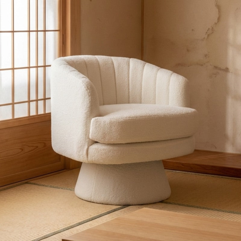 Japanese style chair with cream teddy fabric and channel tufted backrest on tatami floor near shoji screen in traditional interior