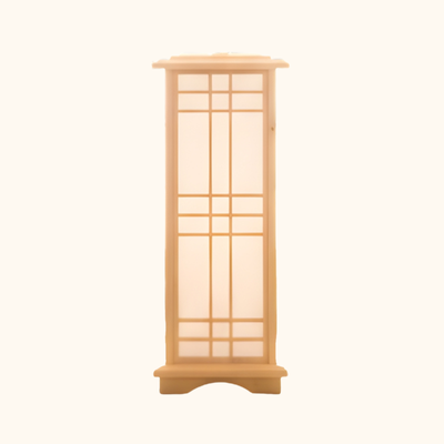 Traditional japanese style lamp shoji with natural wood frame and gridded translucent panels displayed on clean white background showcasing authentic craftsmanship