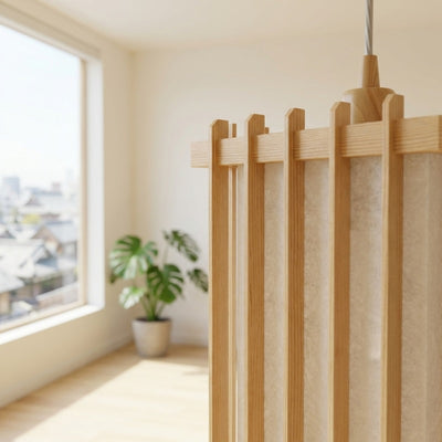 Detailed view of japanese style pendant light shoji with vertical wood slats and textured paper panels