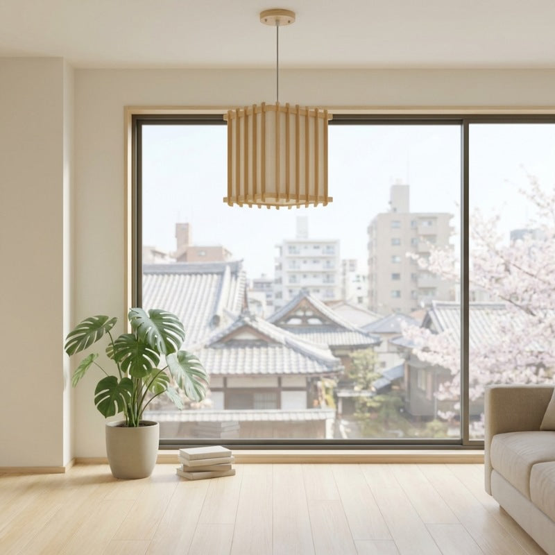 Round japanese style shoji pendant light in modern living room overlooking cherry blossom trees and temple