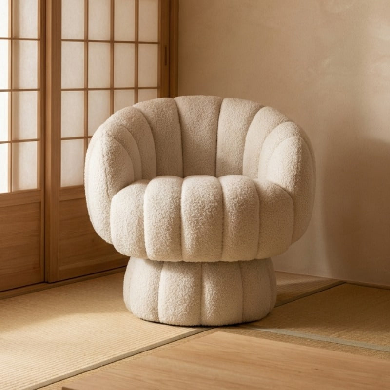 Japanese style sofa with cream teddy fabric bubble design on tatami floor near shoji screen in traditional interior