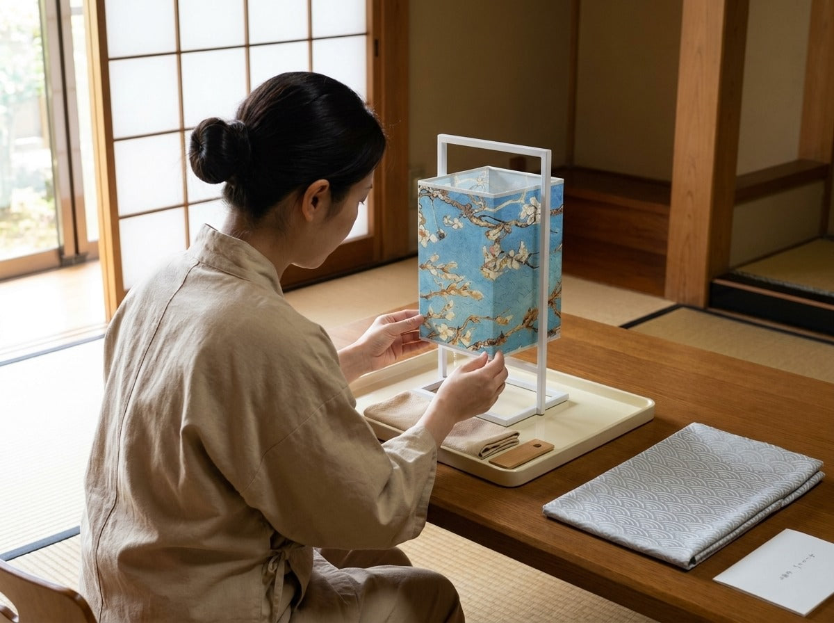 Artisan holding a Japanese style table lamp with a blue almond blossom fabric shade in white metal frame, tray with folded cloths on tatami room table