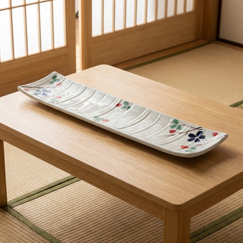 Traditional japanese sushi plate displayed on chabudai low table in authentic tatami room with shoji screens
