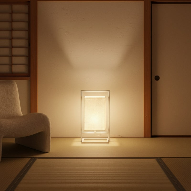 Glowing japanese table lamp cloth illuminating traditional tatami room with warm ambient light near shoji screens creating peaceful evening atmosphere