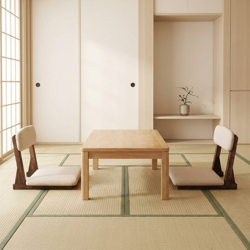 Japanese tatami chair set with cream cushions and walnut frames on tatami in traditional room with fusuma and tokonoma alcove