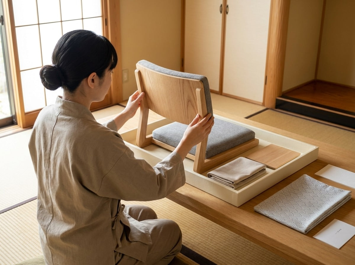 Woman in linen apron examining a Japanese tatami zaisu chair with light oak wood frame and grey fabric cushion on a wooden table in a traditional tatami room