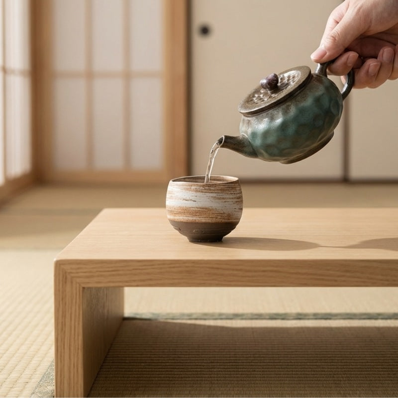 Japanese tea cup pottery in green patina pouring into striped ceramic cup during traditional ceremony ritual