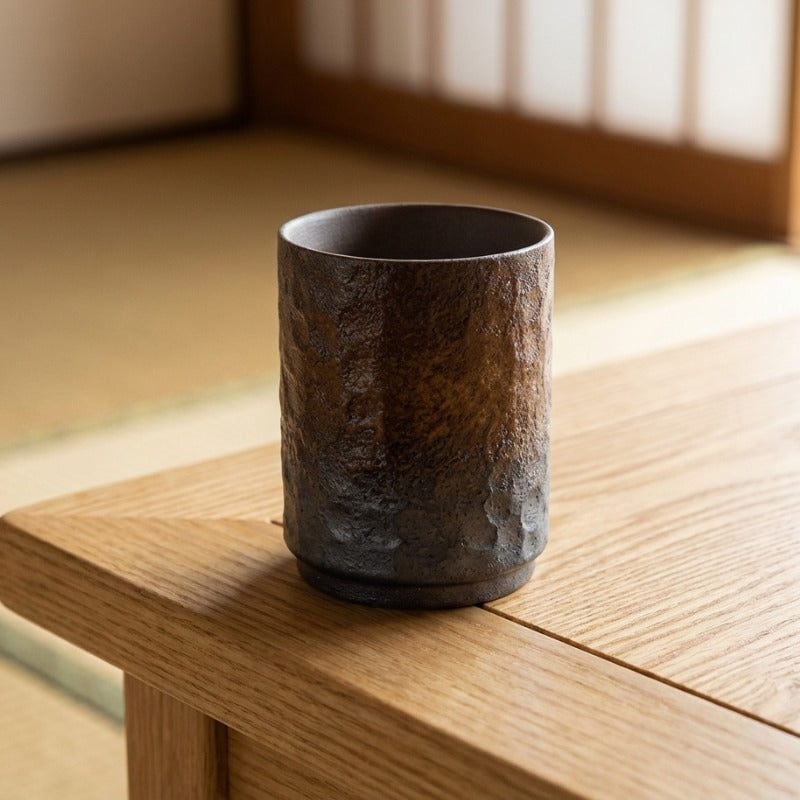 Japanese tea cup vintage design with flame gradient from copper to charcoal on wooden surface