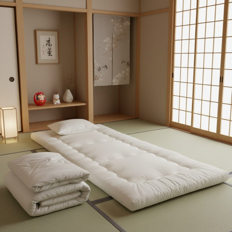 Japanese traditional futon unfolded on tatami mat floor in authentic room with shoji screen and tokonoma alcove