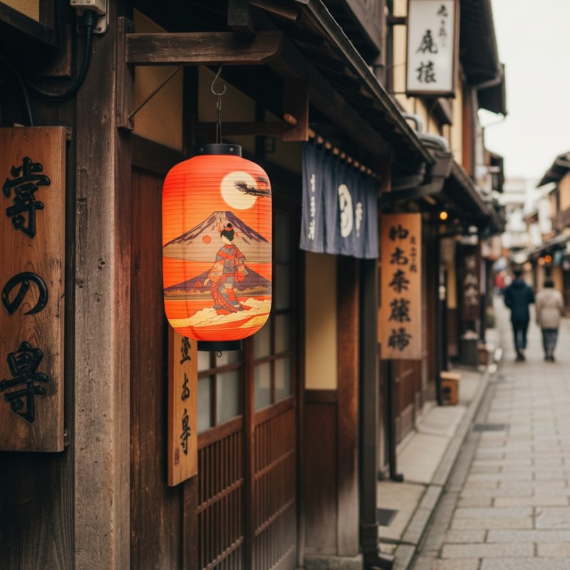 Colorful japanese traditional lantern with ukiyo-e Mount Fuji artwork suspended outside historic wooden storefront on traditional street