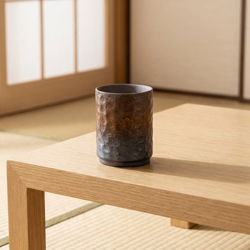 Japanese vintage tea cup with dramatic ombre effect from bronze to black on tatami room table