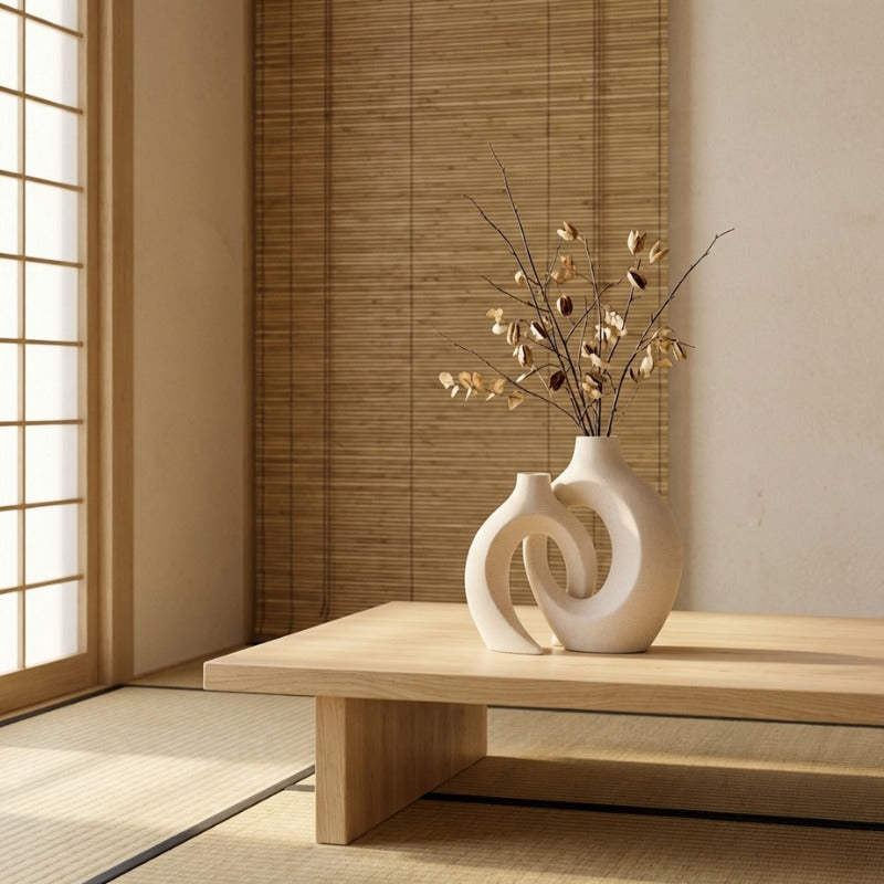 Sculptural japanese vintage white vase with circular cutout design and dried botanicals on tatami table