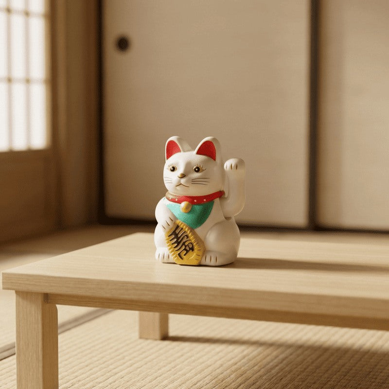White japanese wavin maneki neko with raised paw holding golden treasure on natural wood table in serene traditional interior
