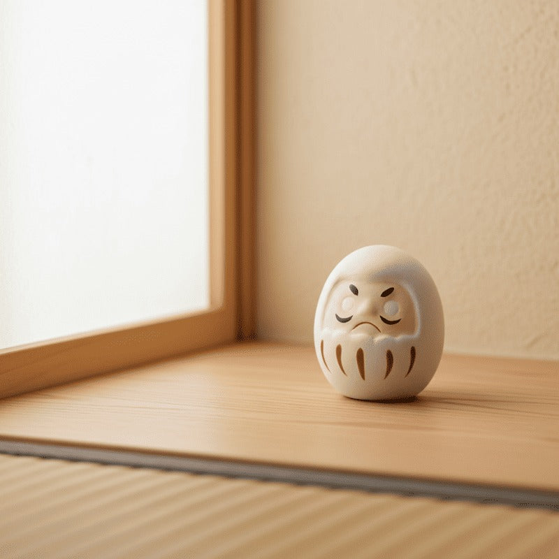 Peaceful japanese white daruma with serene expression sitting on wooden windowsill beside shoji screen with natural sunlight in minimalist zen space