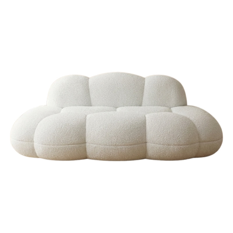 Japanese white sofa with sculptural bubble cloud modules and teddy fabric upholstery isolated on clean neutral background