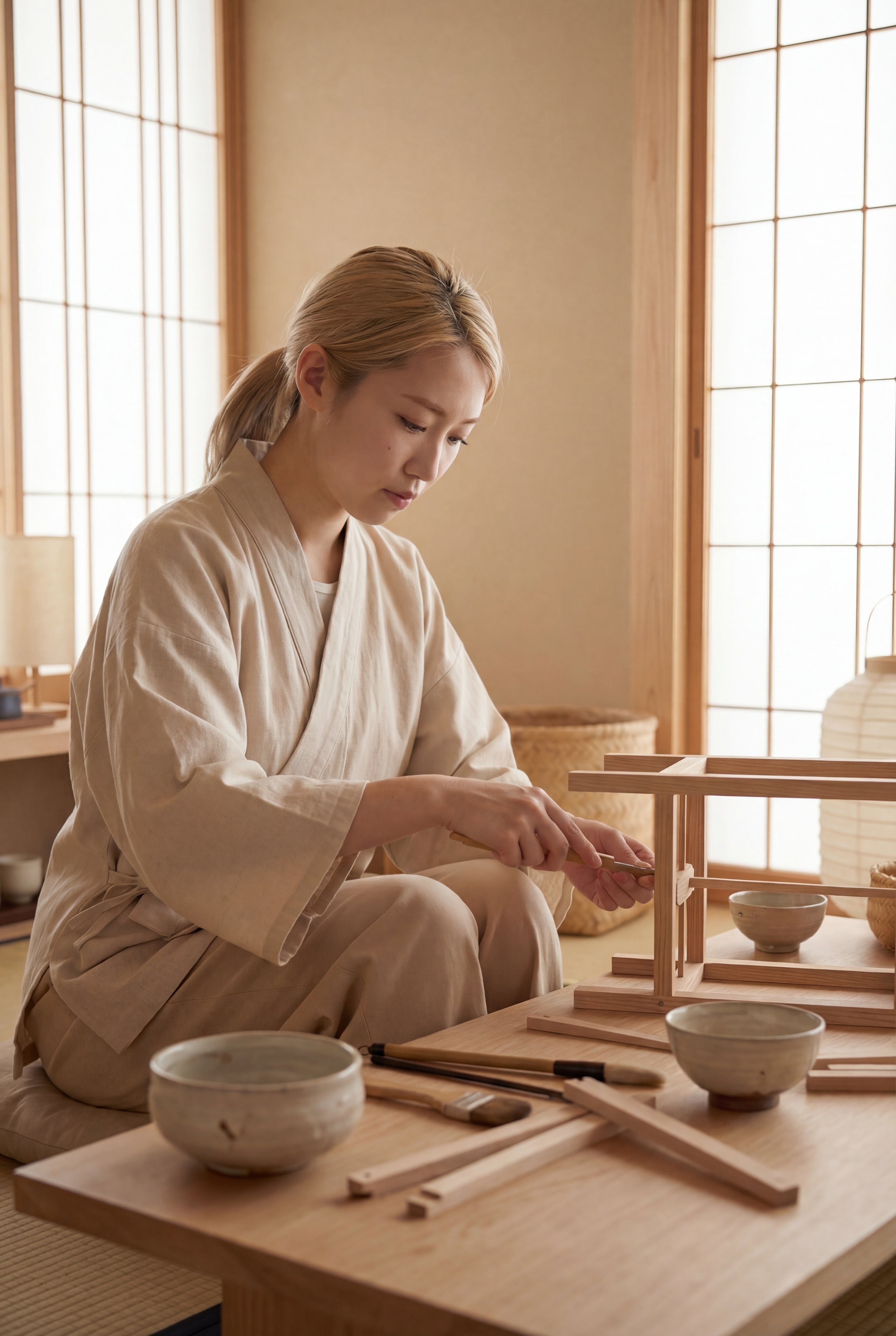 Woman in a traditional setting working with ceramic items on a wooden table.