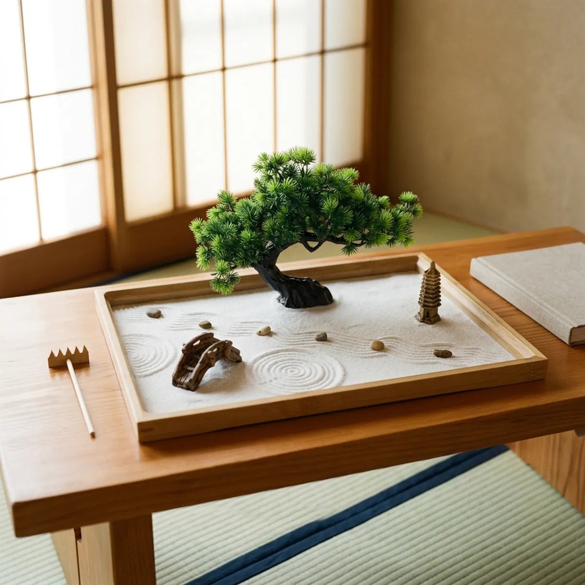 A miniature Japanese zen garden tray resting on the corner of a low wooden table, its edge crossing the frame as soft light glows through shoji screens behind.