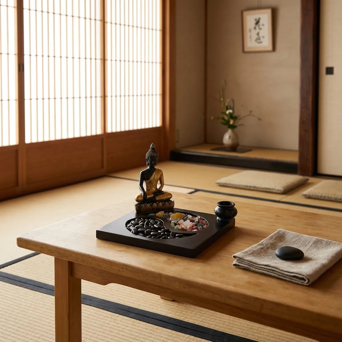 A wider view of the zen rock garden resting against a cream plaster wall beside a dark wooden post in a washitsu-style room.