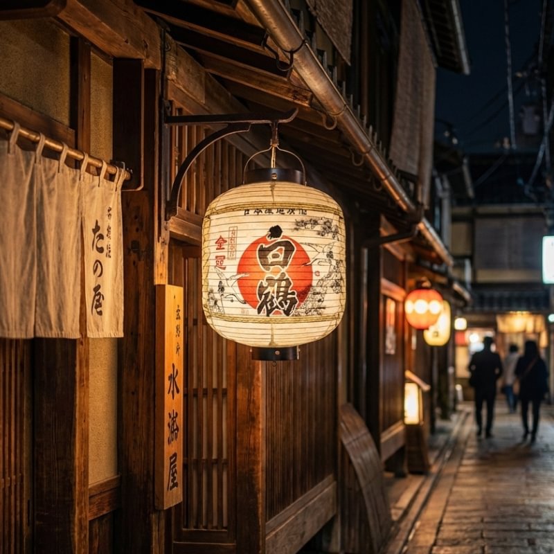 Glowing kanji lantern in japanese barrel style with red sun circle hanging outside traditional wooden storefront on historic street at night