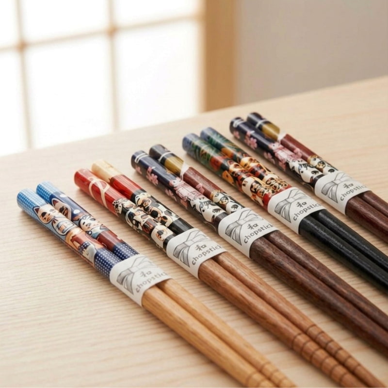 Wrapped in paper bands reading "chopsticks," these kawaii wood chopsticks in five patterns rest on a light wood table near a window
