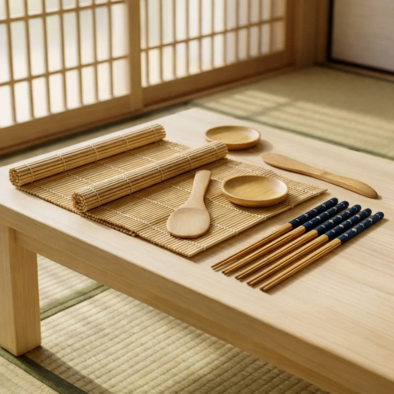 Complete kit for making sushi displayed on chabudai low table in minimalist tatami room with shoji screens