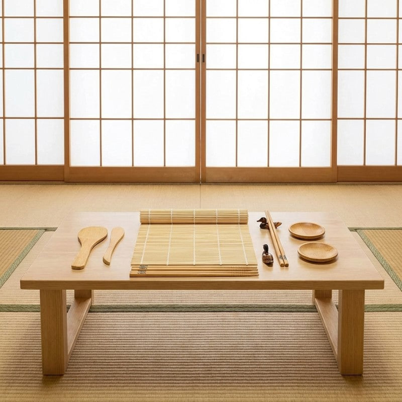 Simple kit maker sushi with bamboo rolling mat, wooden paddles and chopsticks on traditional tatami table