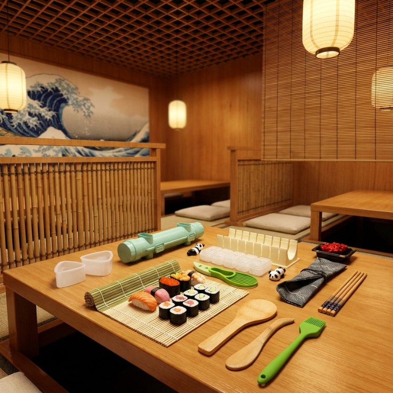 Complete kit sushi making with bamboo mat, rice paddles, molds and chopsticks in traditional Japanese restaurant setting