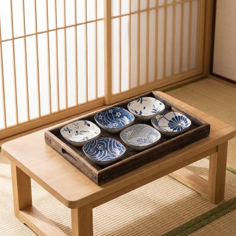 Kobachi bowls set of six traditional ceramic side dishes with blue painted patterns in wooden serving tray near shoji screen doors