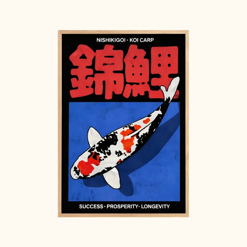 Koi carp print Nishikigoi success prosperity longevity framed poster with bold red kanji on neutral background