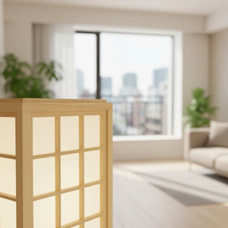 Kumiko lamp japanese style glowing in modern bright apartment with city view window and green plants
