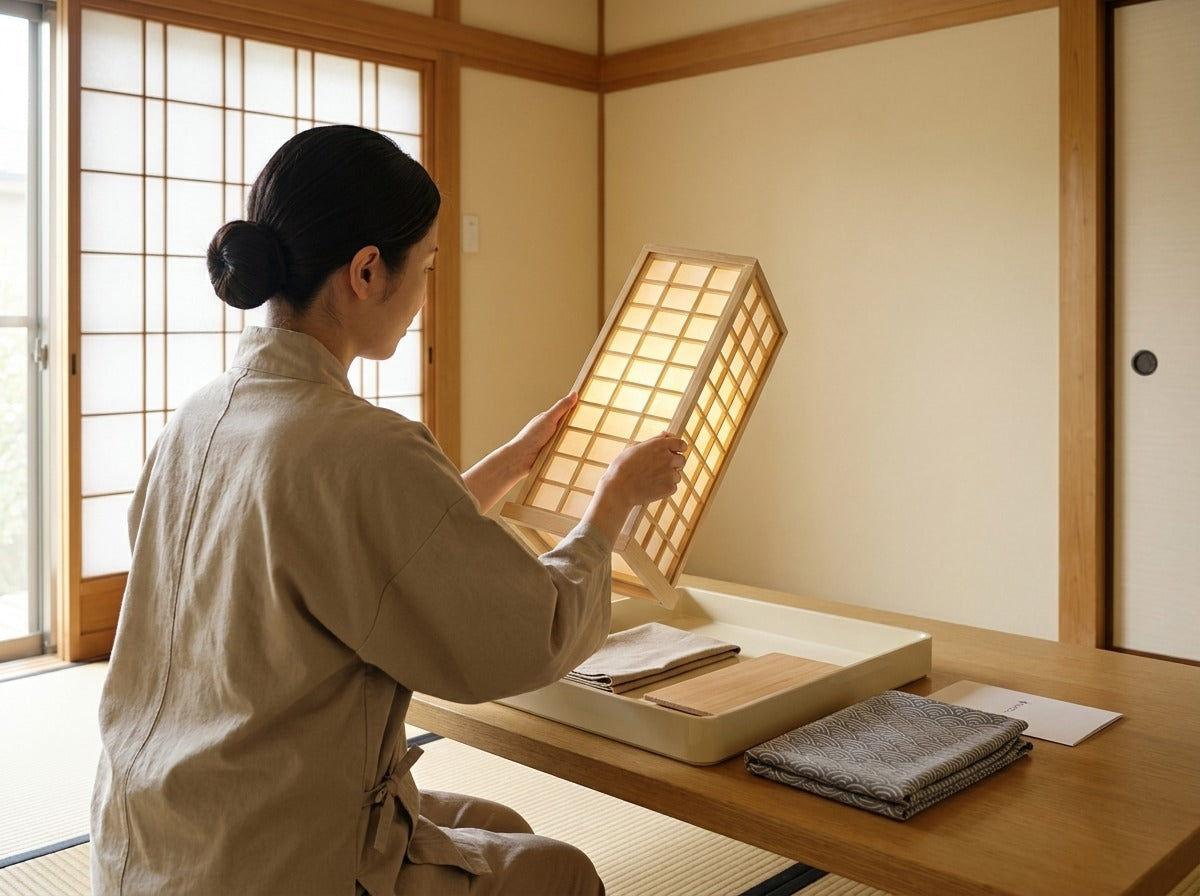 Artisan holding a traditional wooden kumiko lattice lamp shade glowing warmly, geometric grid pattern, tray with folded cloths on tatami room table by shoji doors
